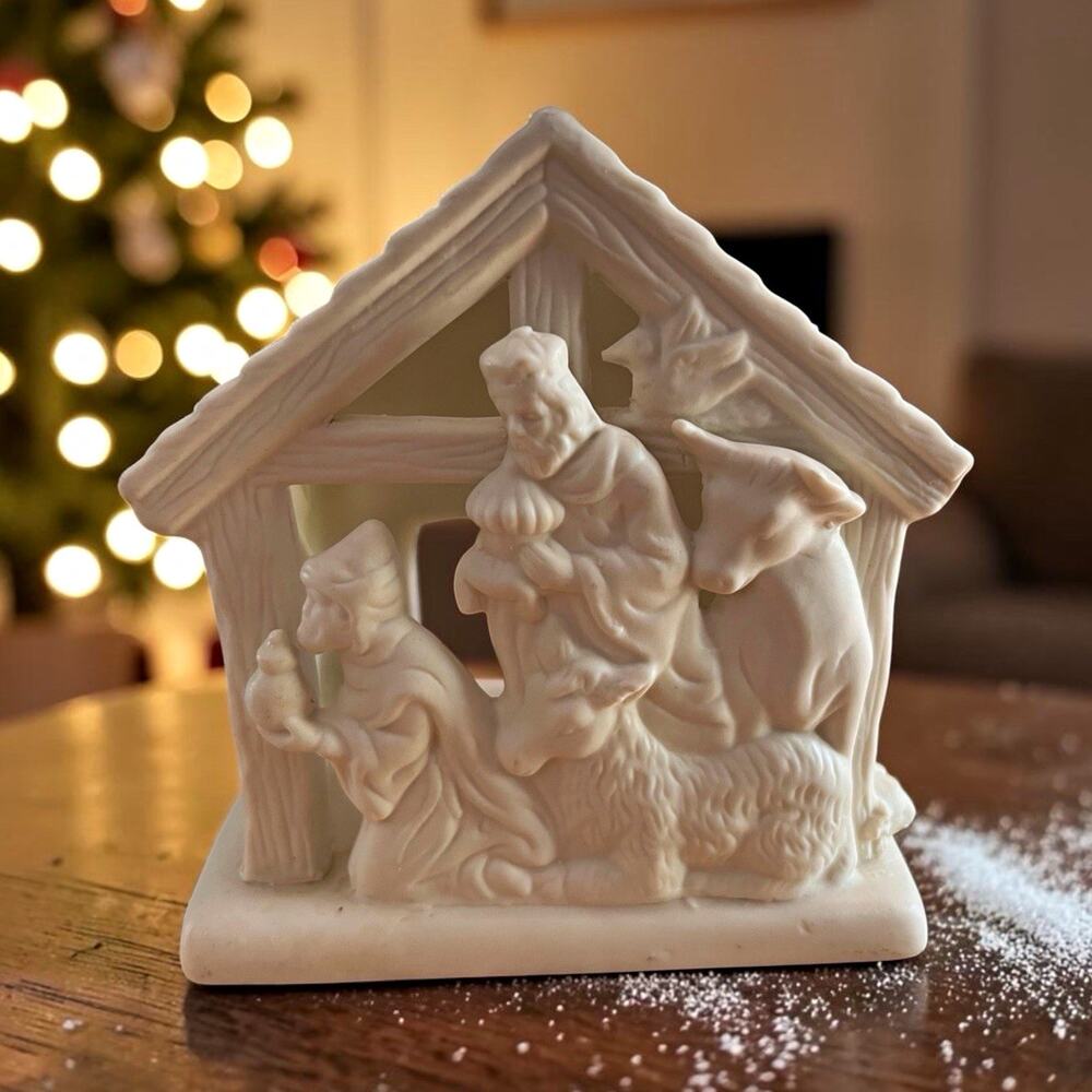 PartyLite White Ceramic Nativity House Tea Light Holder Matte Relief Small
